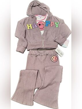 Grey Waffle Hoodie & Flared Pants 3 Piece Set with Patches